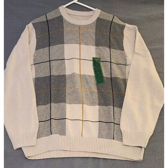 Vintage David Taylor Knit Sweater Mens‎ Sz Large Tan Plaid Cotton Y2K NWT - Picture 1 of 8